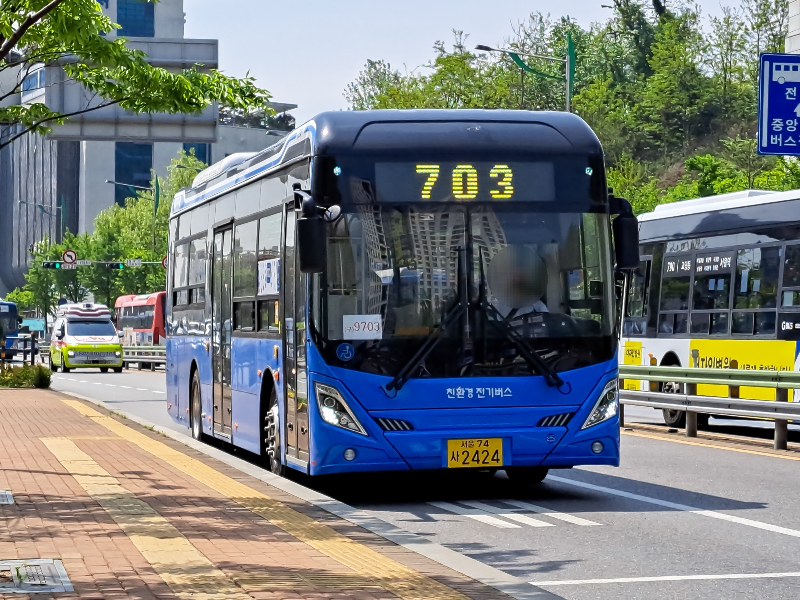 A blue Seoul city bus, showing the type of bus first-time visitors may use when learning Seoul bus routes.