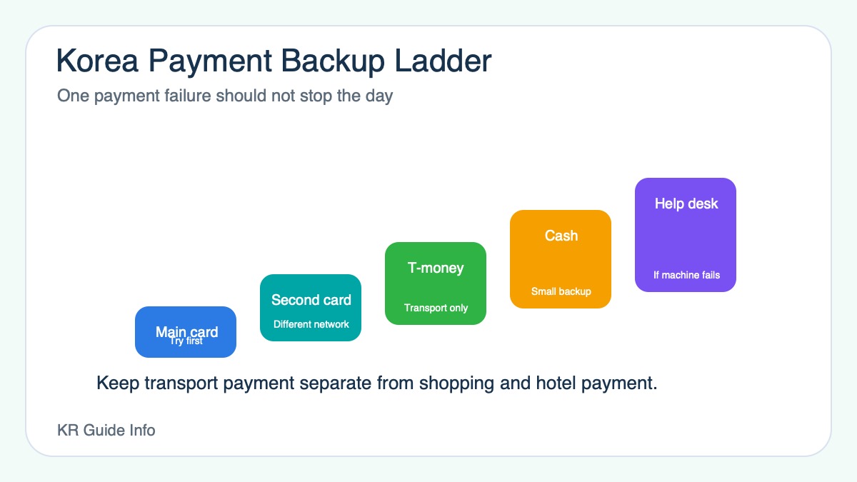 Korea payment backup ladder for foreign visitors showing main card, second card, T-money, cash, and app limitations.