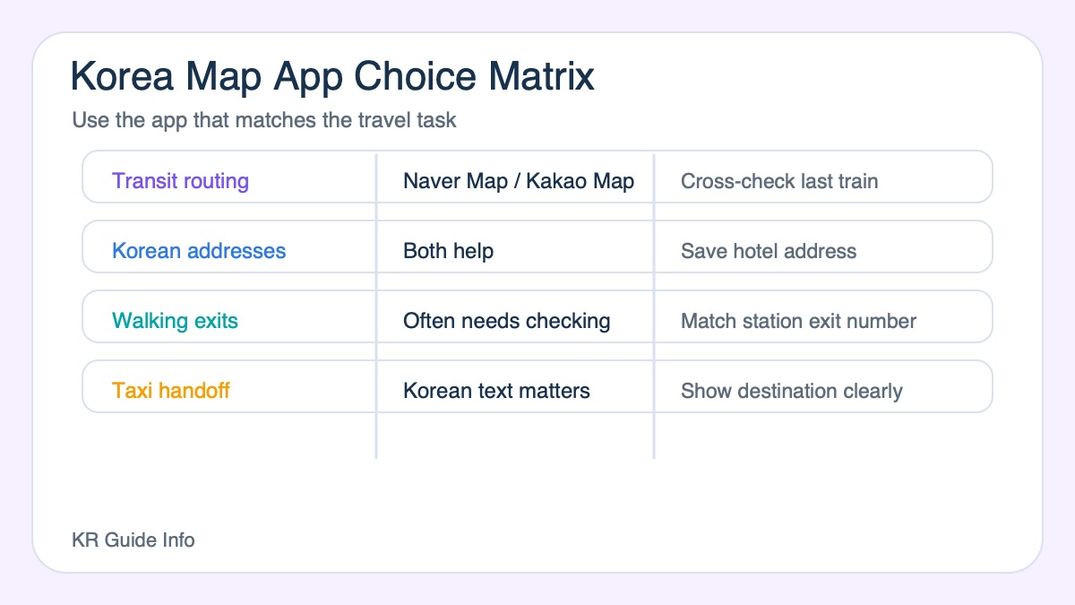 Naver Map versus Kakao Map choice matrix for Korea travelers comparing transit search, walking routes, Korean addresses, and taxi handoff.
