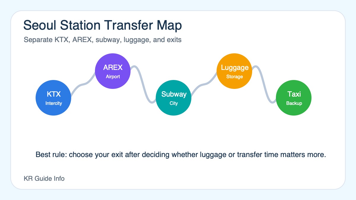 Seoul Station transfer map showing KTX, AREX, subway, luggage, exits, and taxi choices for first-time travelers.