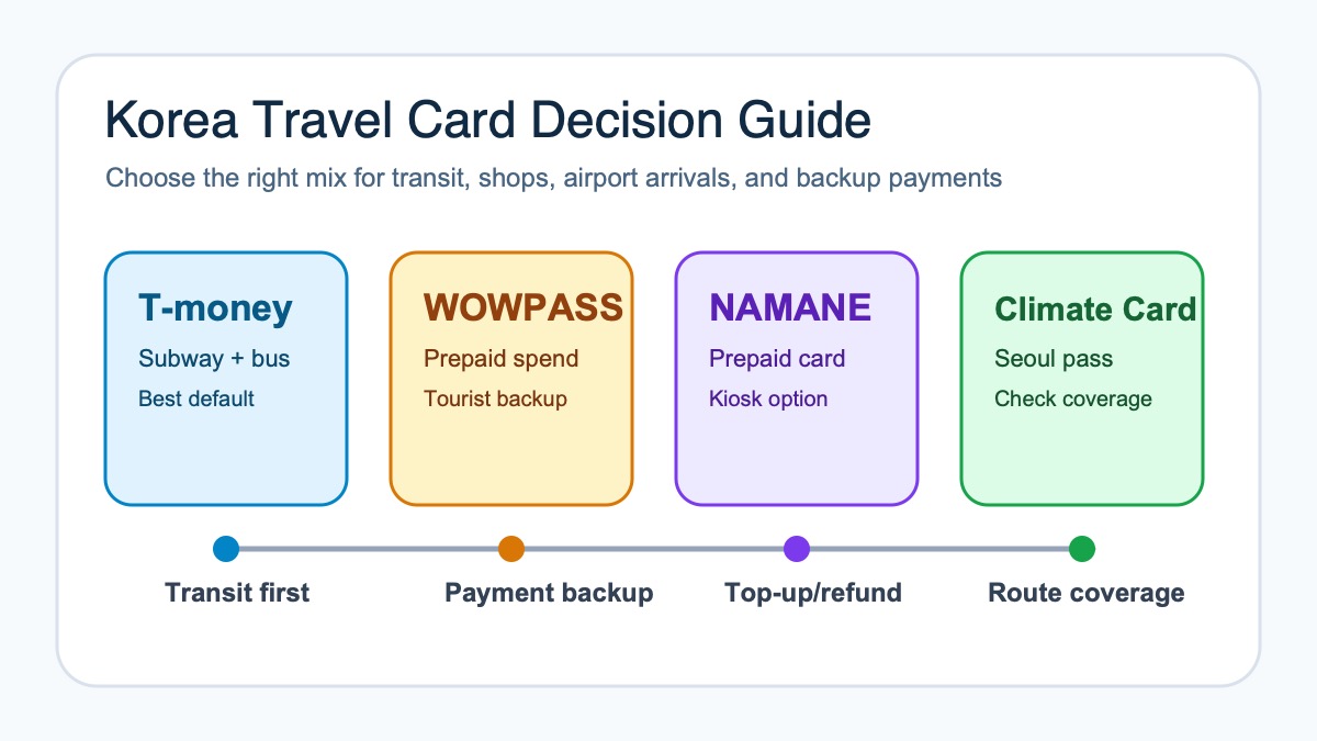 Decision board comparing T-money, WOWPASS, NAMANE, and Seoul Climate Card for Korea visitors